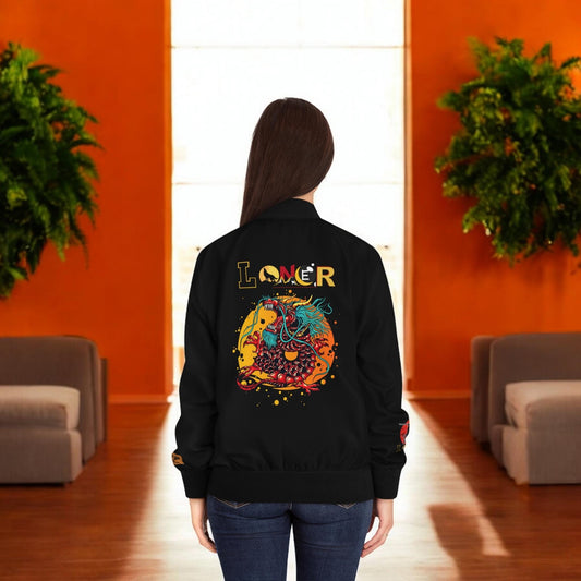 Dragon Graphic Women's Bomber Jacket, Mythical All Over Design, Zip Up Outerwear