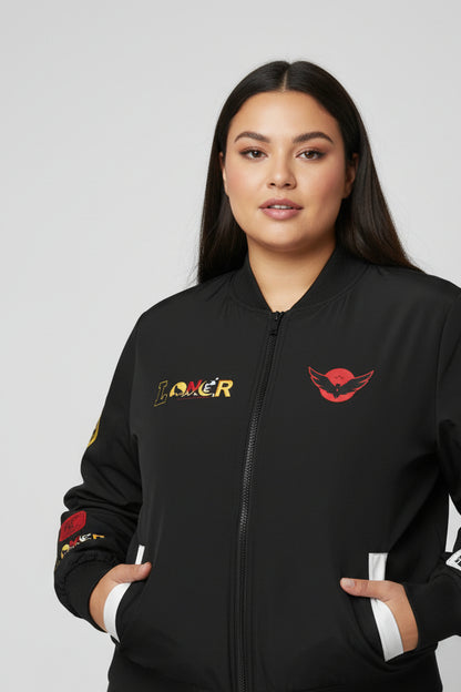 Skull Flames "Loner" Women's Bomber Jacket — Gothic Punk Graphic Outerwear