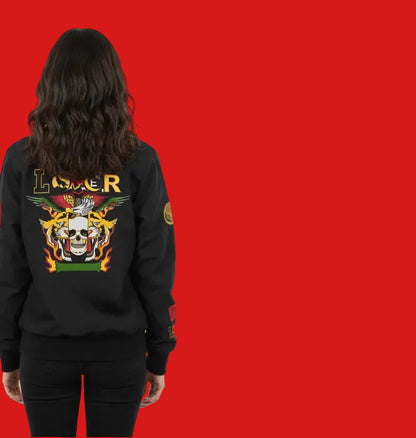 Skull Flames "Loner" Women's Bomber Jacket — Gothic Punk Graphic Outerwear