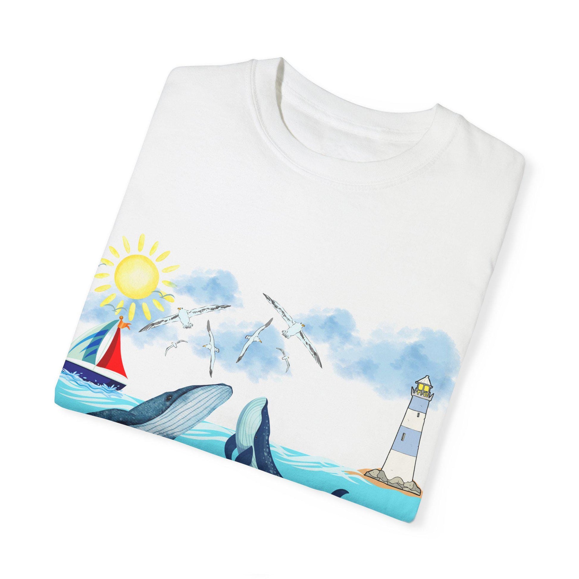 Nautical Ocean Life Whales Graphic Unisex T-Shirt, Nature Art Tee, Beachwear Shirt