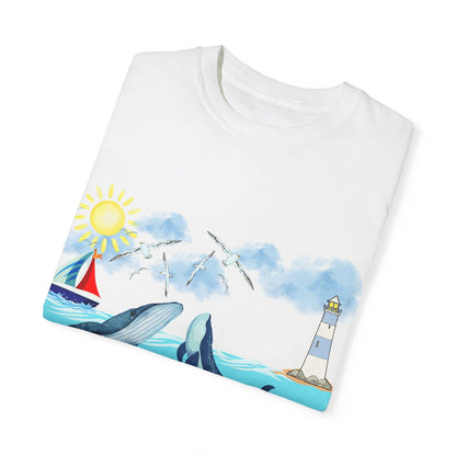Nautical Ocean Life Whales Graphic Unisex T-Shirt, Nature Art Tee, Beachwear Shirt