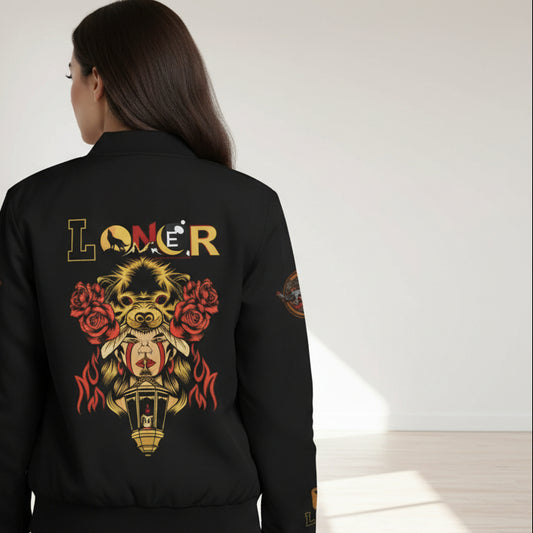 Wolf Themed Women's Bomber Jacket, Illusion Art Graphic Outerwear