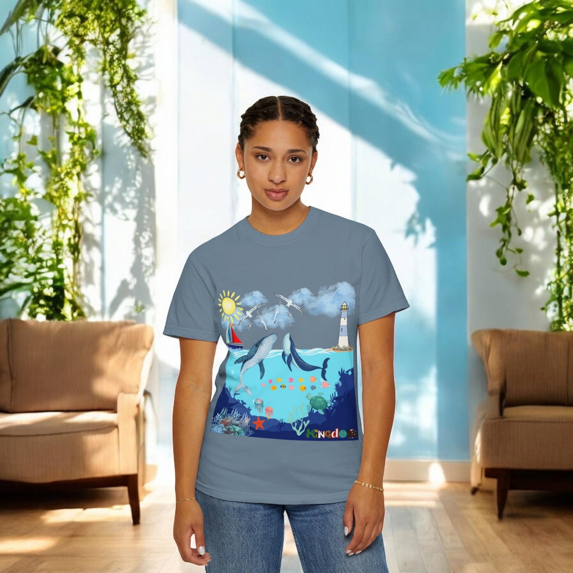 Nautical Ocean Life Whales Graphic Unisex T-Shirt, Nature Art Tee, Beachwear Shirt
