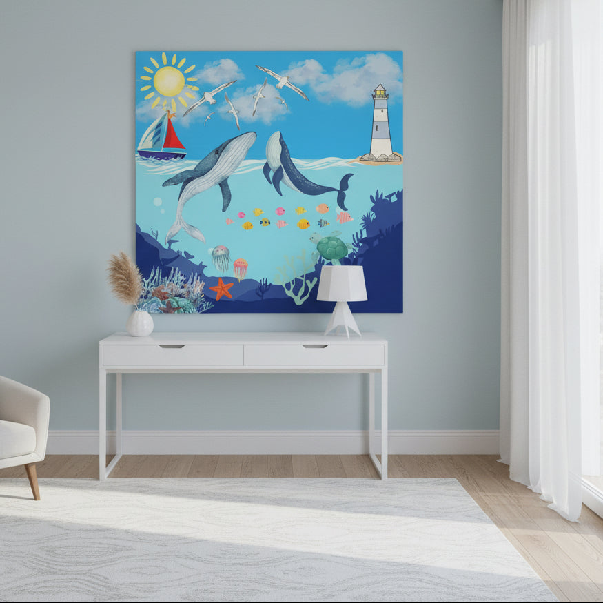 Whale Art Canvas, Ocean Life Wall Art, Nautical Home Decor, Coastal Canvas Print