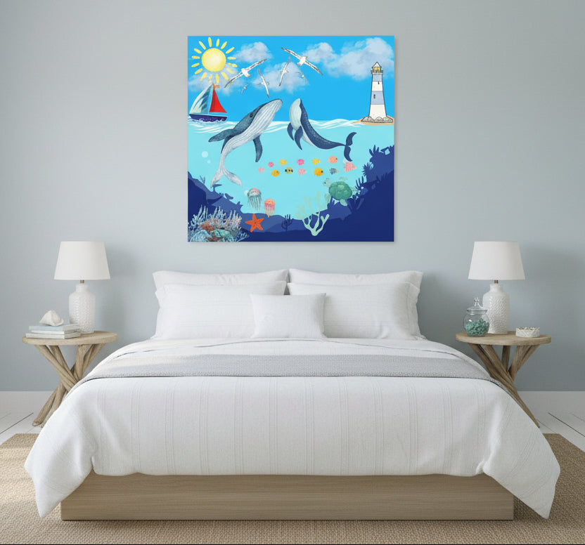 Whale Art Canvas, Ocean Life Wall Art, Nautical Home Decor, Coastal Canvas Print