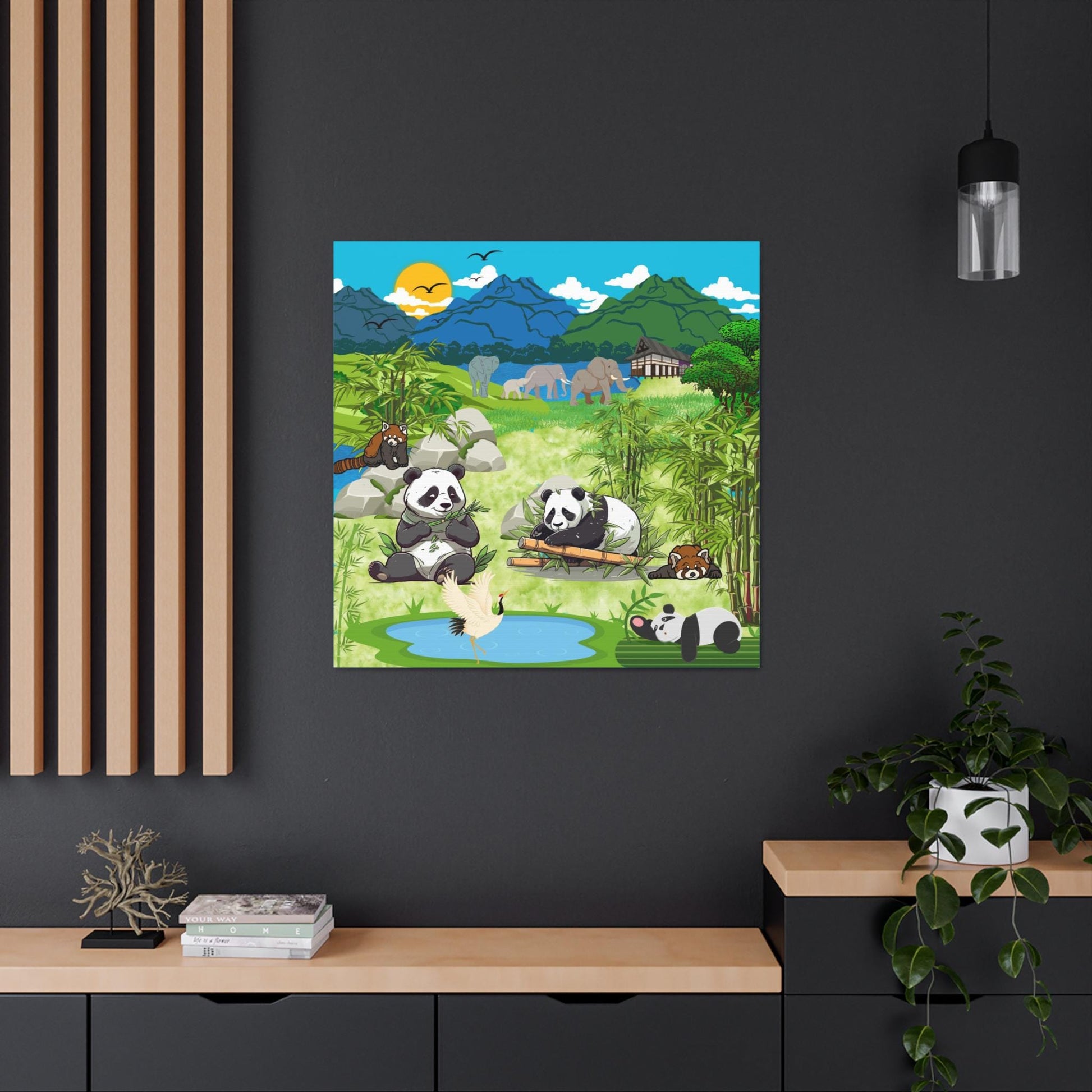 Animal Canvas, Panda and Elephant Wall Art, Nature Gallery Wrap, Asian Wildlife Print