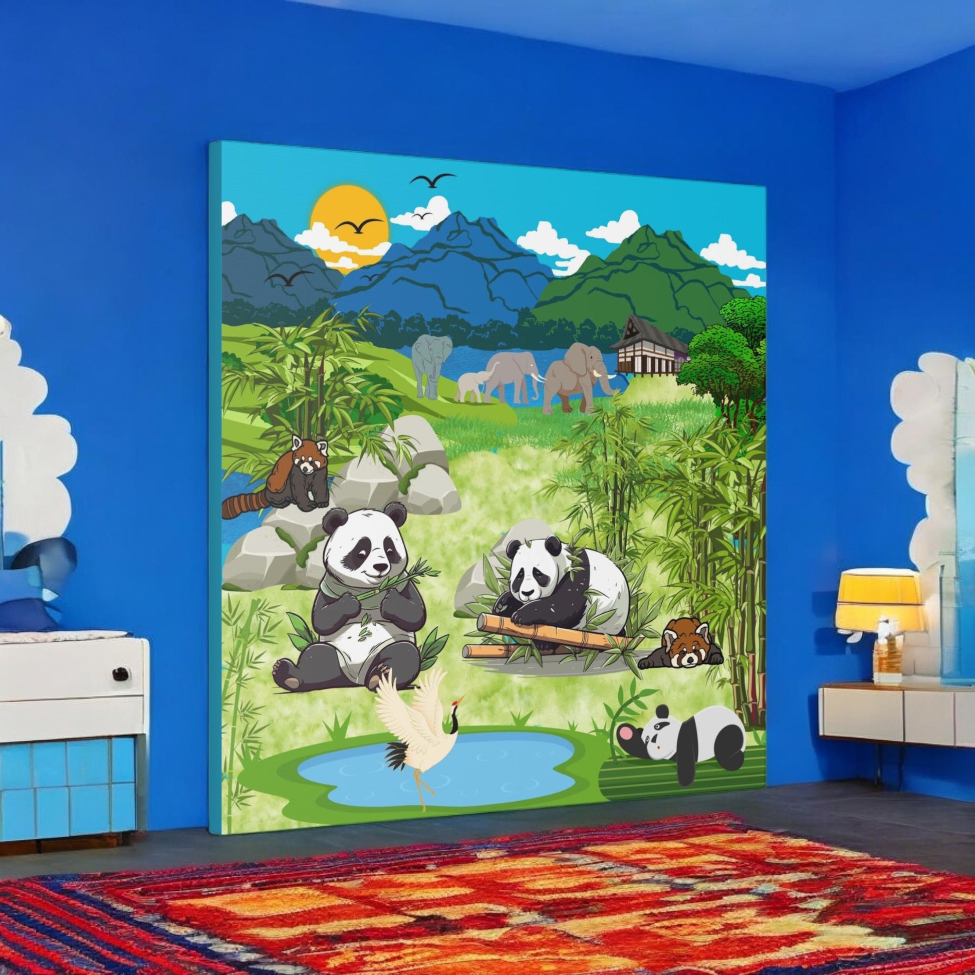 Animal Canvas, Panda and Elephant Wall Art, Nature Gallery Wrap, Asian Wildlife Print