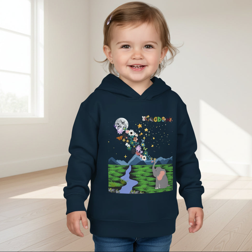 Elephant & Floral Night Sky Toddler Hoodie, Wildlife Theme Pullover Fleece