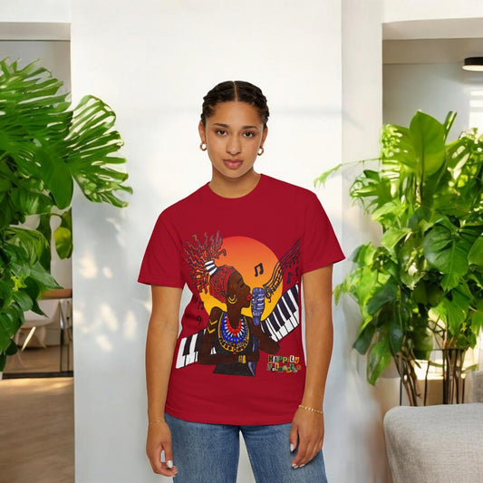 Afro Jazz Singer Graphic T-Shirt, Black History Music Tee, Unisex Garment-Dyed Shirt, Piano Art