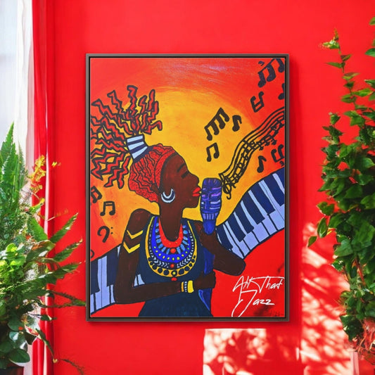 Original Painting, Afro Music Art Gallery Canvas, Jazz Singer Painting Vertical Frame, Black History Decor, Musician Portrait