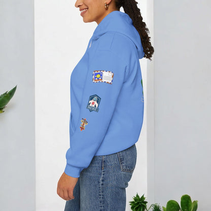 Travel Badge Graphic Hoodie, Wanderlust Sweatshirt, Vacation Inspired Pullover