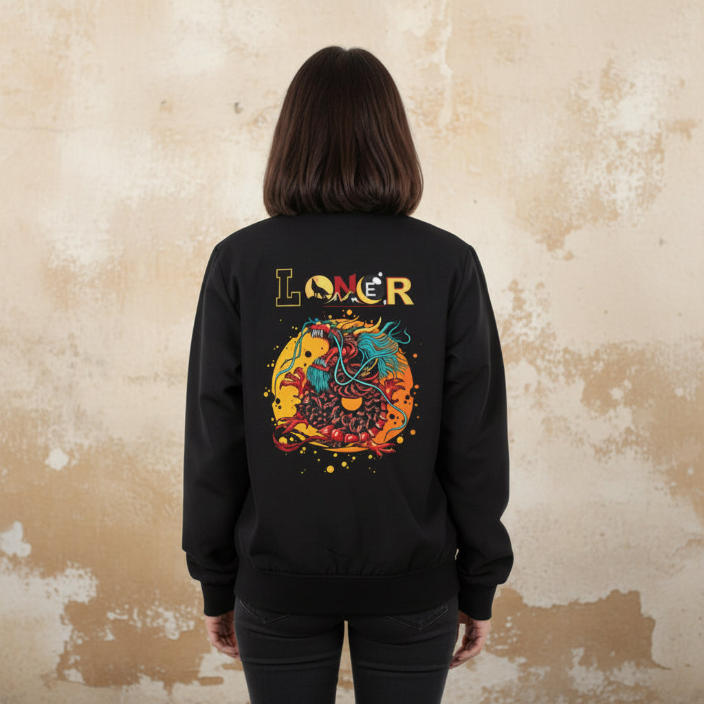 Dragon Graphic Women's Bomber Jacket, Mythical All Over Design, Zip Up