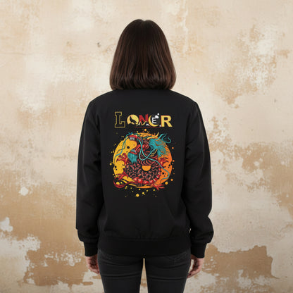 Dragon Graphic Women's Bomber Jacket, Mythical All Over Design, Zip Up