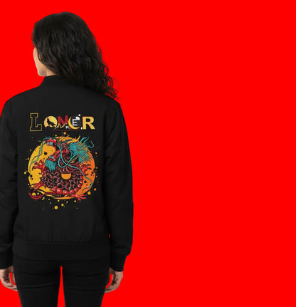Dragon Graphic Women's Bomber Jacket, Mythical All Over Design, Zip Up