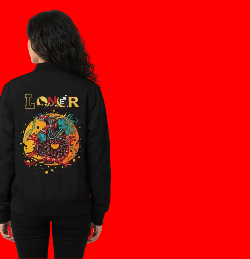 Dragon Graphic Women's Bomber Jacket, Mythical All Over Design, Zip Up Outerwear