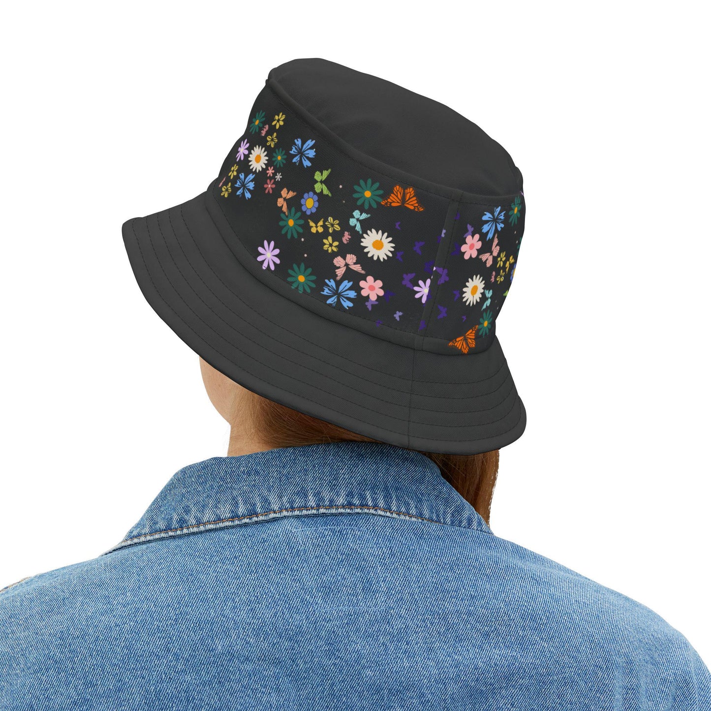Butterfly Floral Bucket Hat, Wild Life Themed Graphic Unisex Cap, Botanical Print