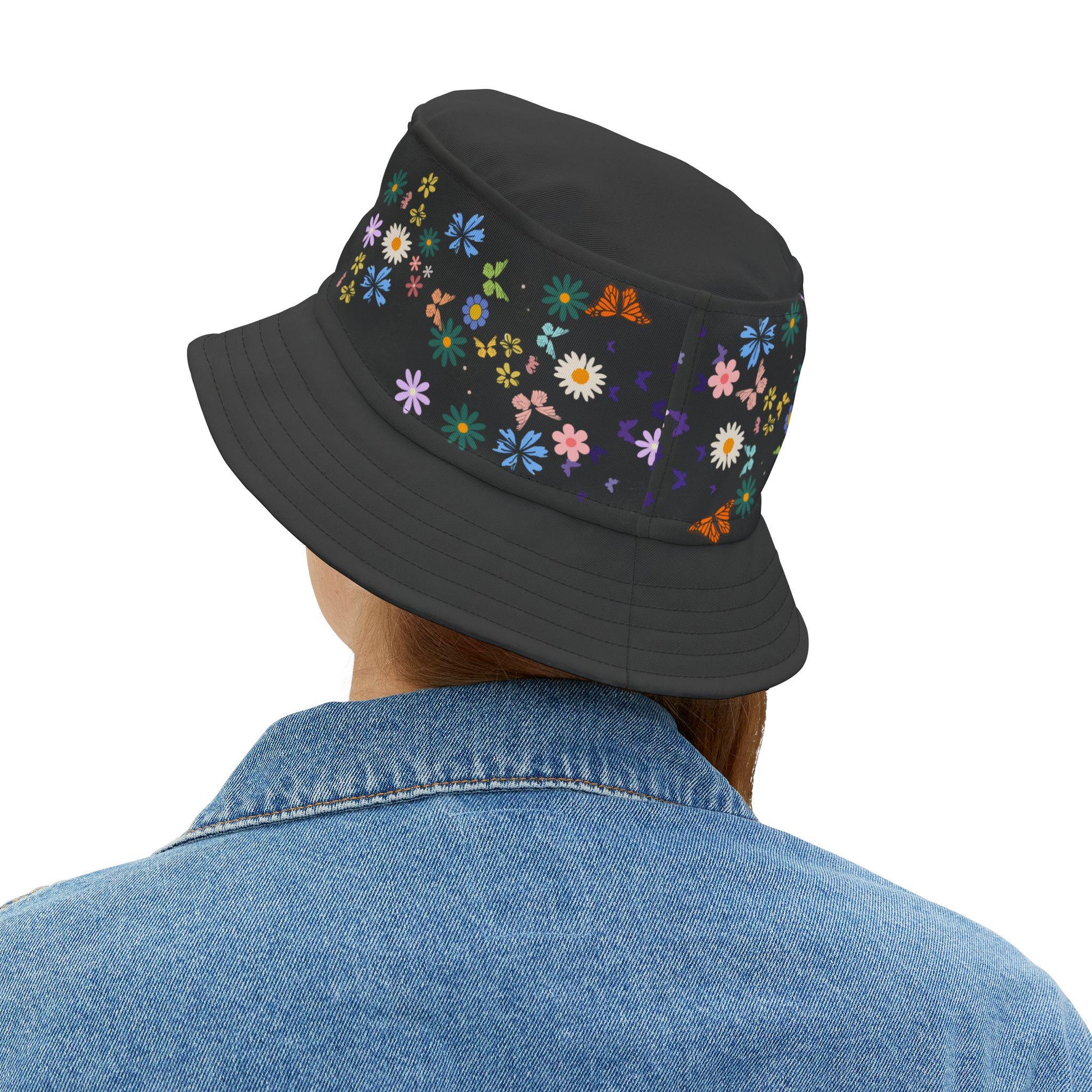 Butterfly Floral Bucket Hat, Wild Life Themed Graphic Unisex Cap, Botanical Print