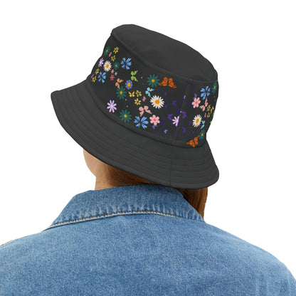 Butterfly Floral Bucket Hat, Wild Life Themed Graphic Unisex Cap, Botanical Print