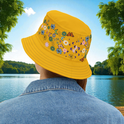 Butterfly Floral Bucket Hat, Wild Life Themed Graphic Unisex Cap, Botanical Print