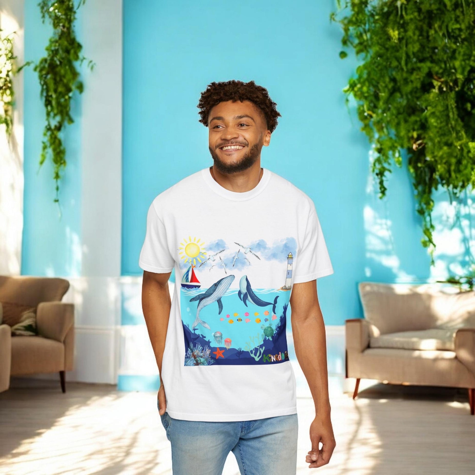 Nautical Ocean Life Whales Graphic Unisex T-Shirt, Nature Art Tee, Beachwear Shirt