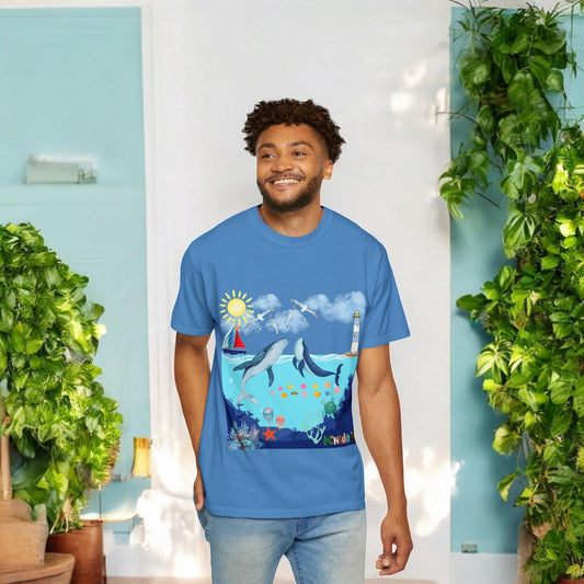 Nautical Ocean Life Whales Graphic Unisex T-Shirt, Nature Art Tee, Beachwear Shirt