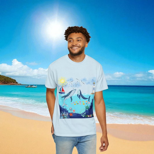 Nautical Ocean Life Whales Graphic Unisex T-Shirt, Nature Art Tee, Beachwear Shirt
