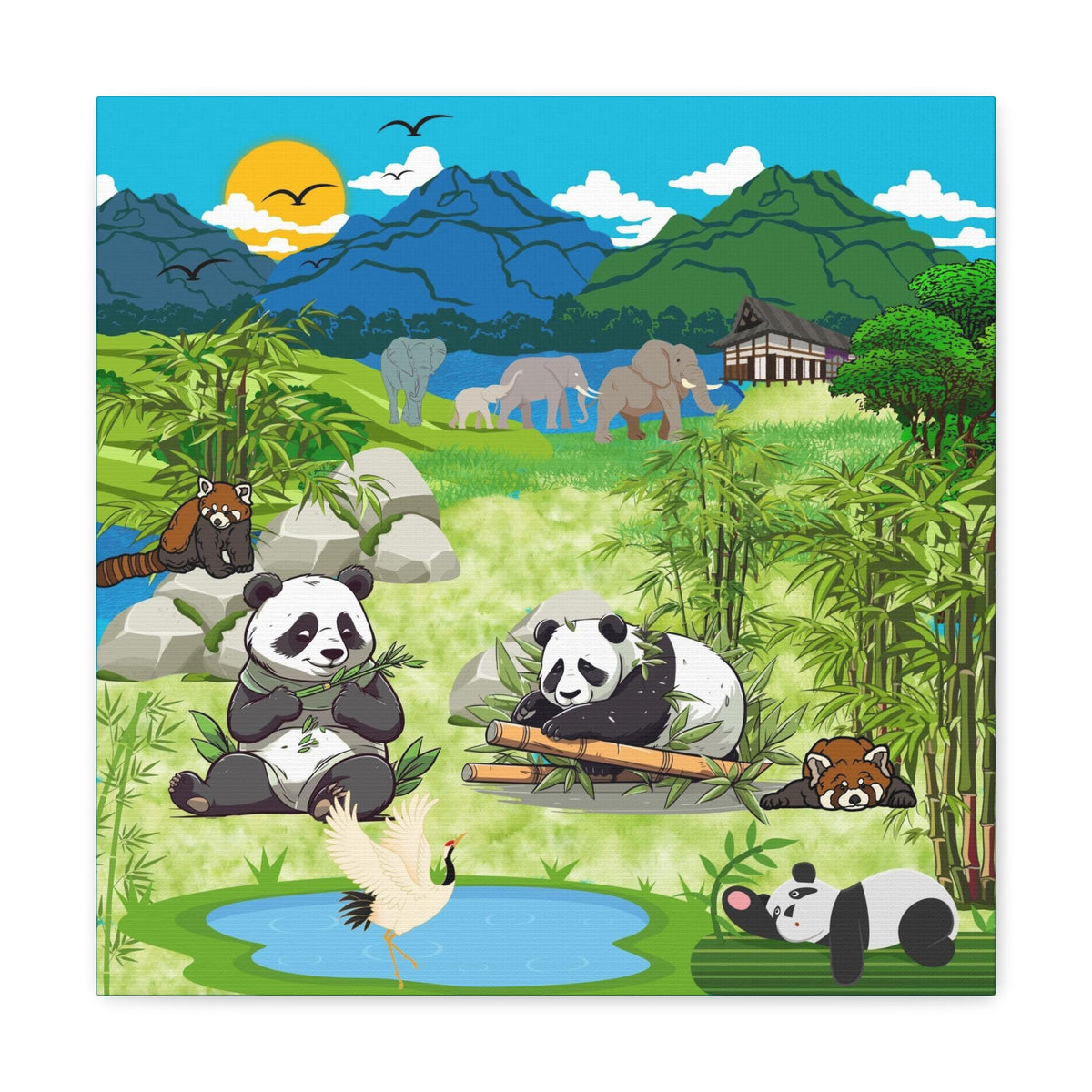 Animal Canvas, Panda and Elephant Wall Art, Nature Gallery Wrap, Asian Wildlife Print