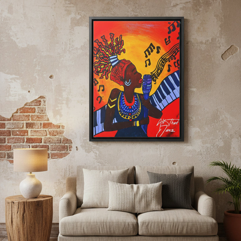 Original Painting, Afro Music Art Gallery Canvas, Jazz Singer Painting Vertical Frame, Black History Decor, Musician Portrait Printify