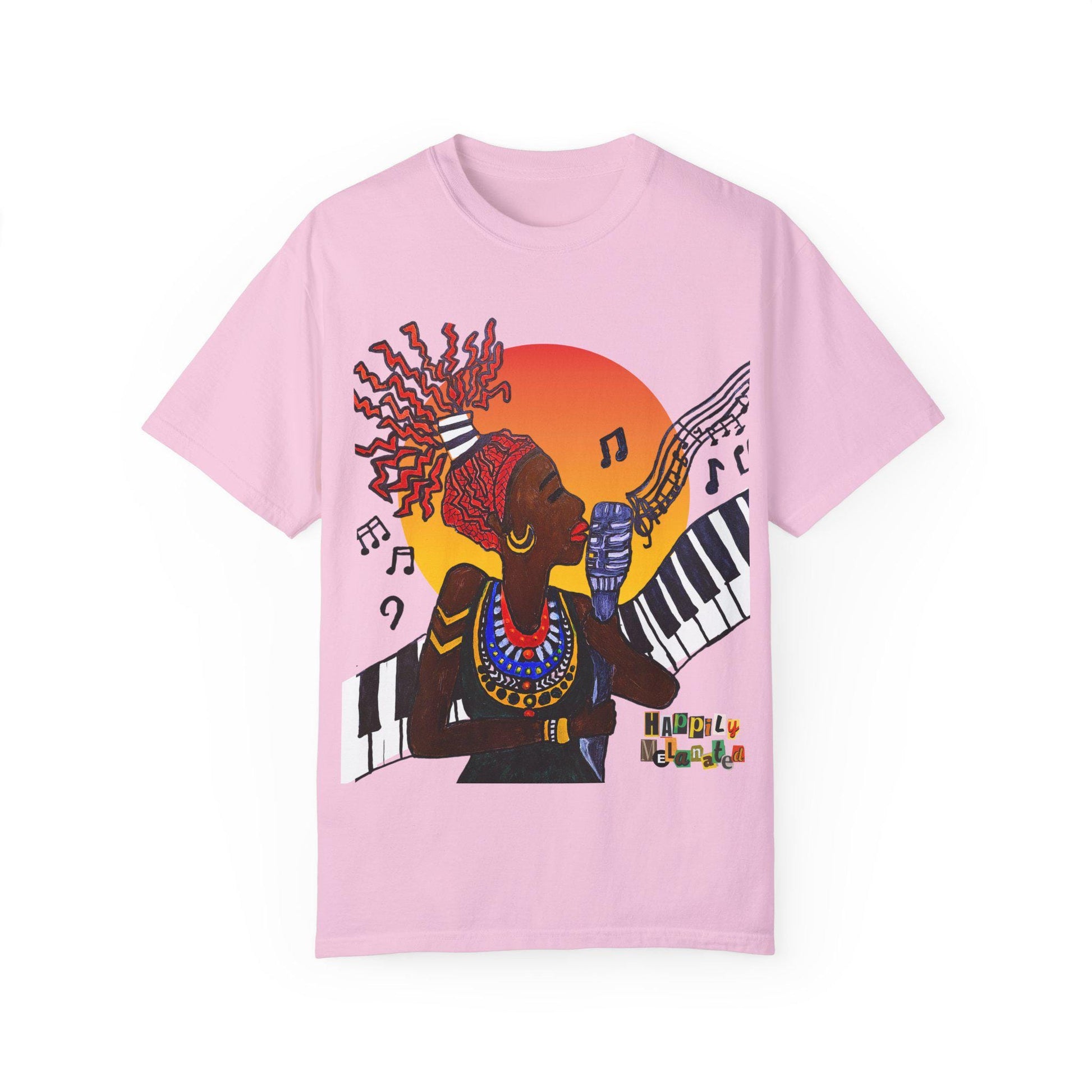 Afro Jazz Singer Graphic T-Shirt, Black History Music Tee, Unisex Garment-Dyed Shirt, Piano Art