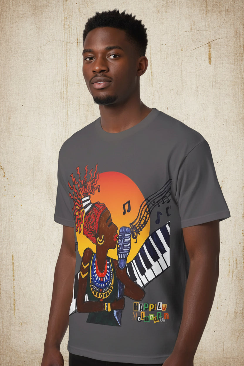 Afro Jazz Singer Graphic T-Shirt, Black History Music Tee, Unisex Garment-Dyed Shirt, Piano Art