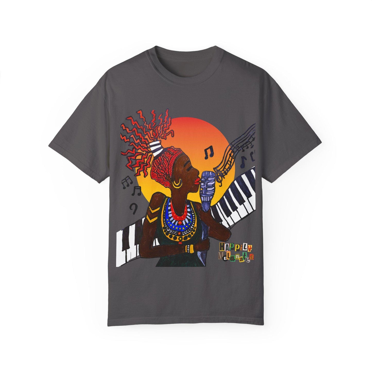 Afro Jazz Singer Graphic T-Shirt, Black History Music Tee, Unisex Garment-Dyed Shirt, Piano Art