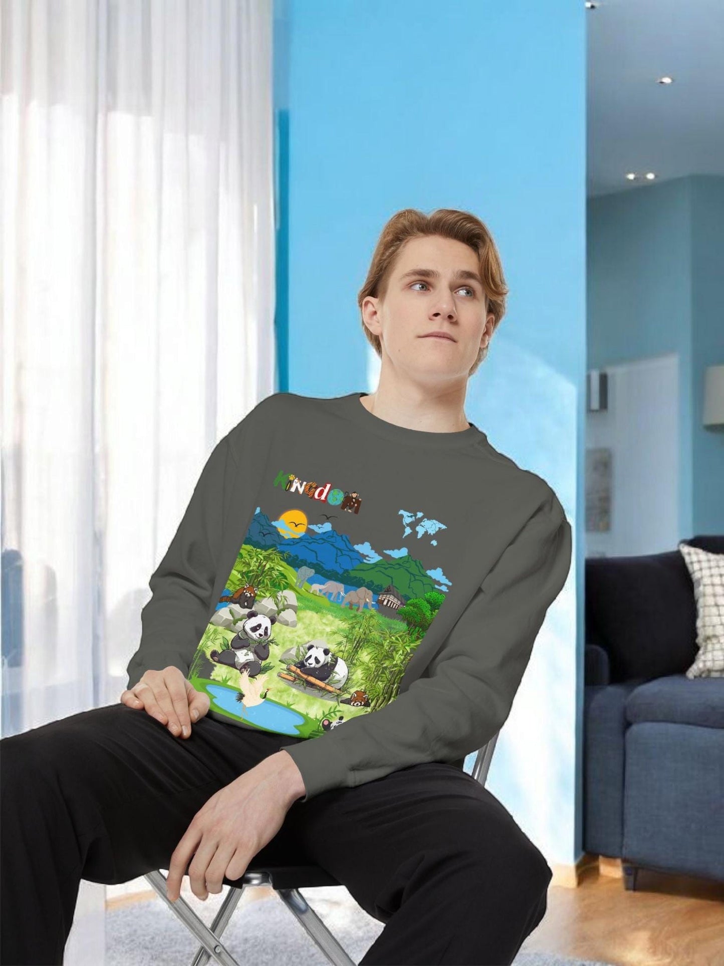 Wildlife Graphic Unisex Sweatshirt, Pandas & Elephants Design, Animal Lover Gift, Cozy Jumper, Casual Pullover, Unique Nature