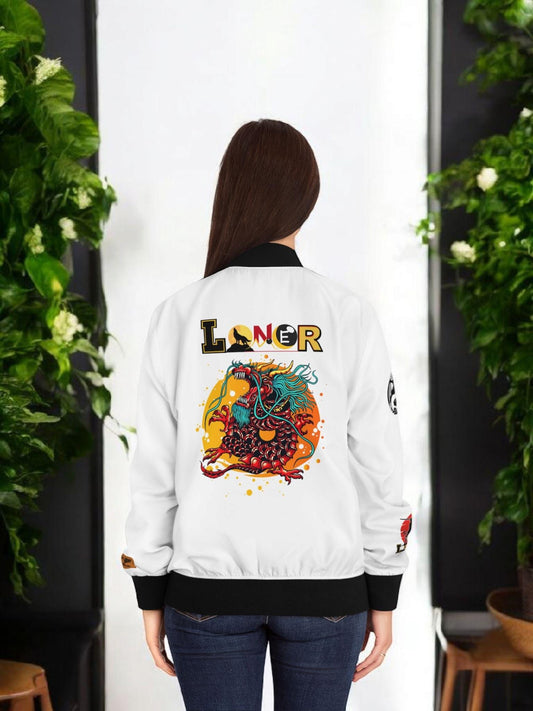 Dragon Graphic Women's Bomber Jacket, Mythical All Over Design, Zip Up Outerwear for Her, Lightweight Coat Gift, Stylish Ladies Fashion,