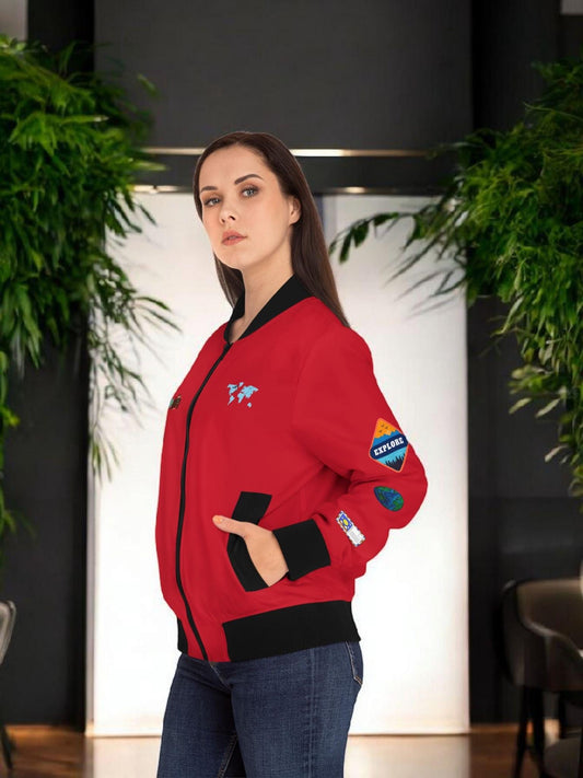 Explorer Themed Graphic Women's Bomber Jacket - Travel Enthusiast Vacation Mode Outerwear