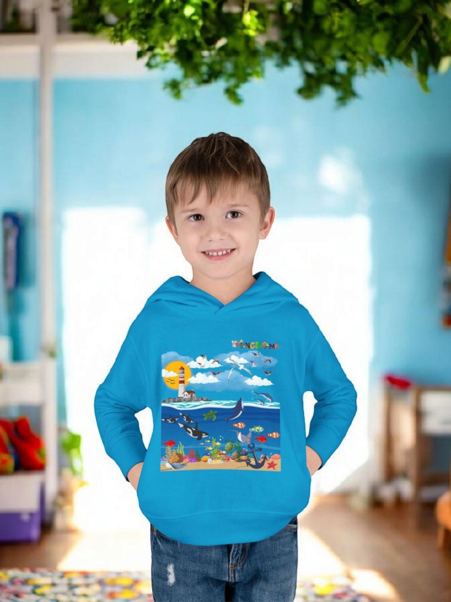 Ocean Friends Toddler Pullover Fleece Hoodie, Aquatic Theme Sweatshirt for Kids, Sea Animal Graphic Jumper, Orca Dolphin Children's Hooded