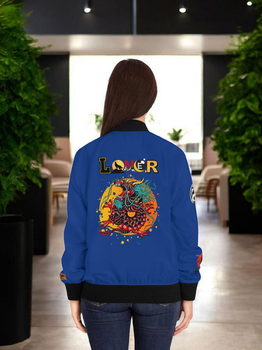 Dragon Graphic Women's Bomber Jacket, Mythical All Over Design, Zip Up Outerwear for Her, Lightweight Coat Gift, Stylish Ladies Fashion,