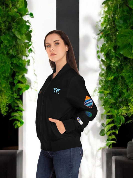 Explorer Themed Graphic Women's Bomber Jacket - Travel Enthusiast, Wanderlust Coat