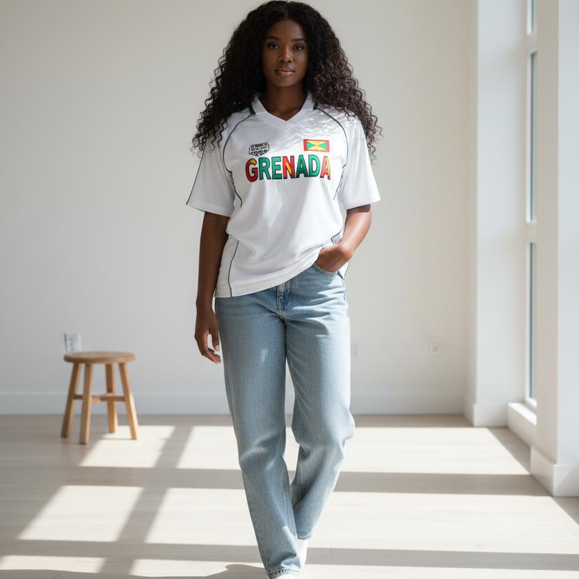 Grenada Flag Themed Graphic Stripe Collared Soccer Jersey