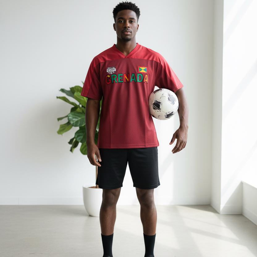 Grenada Flag Themed Graphic Mesh V-Neck Soccer Jersey