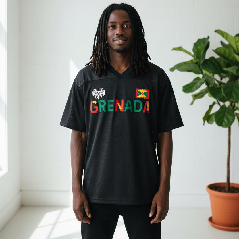 Grenada Flag Themed Graphic Mesh V-Neck Soccer Jersey