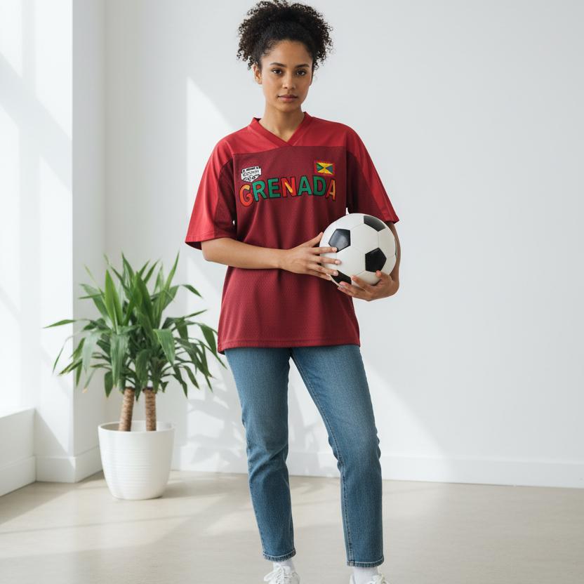 Grenada Flag Themed Graphic Mesh V-Neck Soccer Jersey
