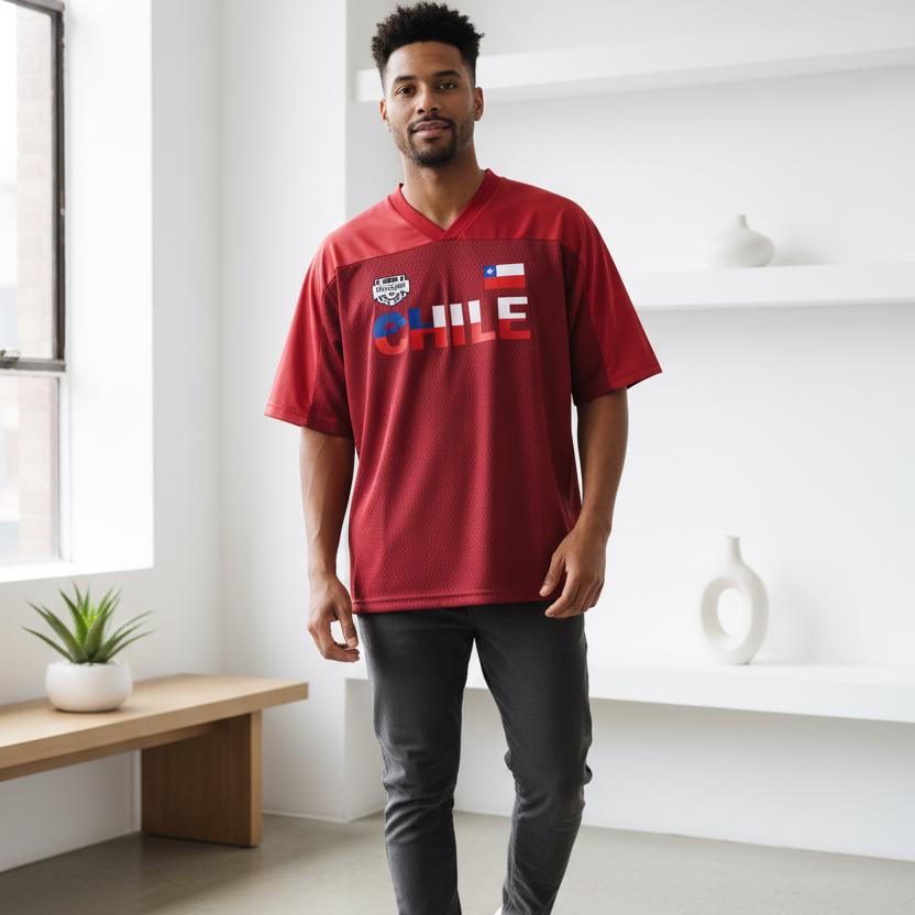 Chile Flag Themed Graphic Mesh V-Neck Soccer Jersey