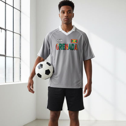 Grenada Flag Themed Graphic Stripe Collared Soccer Jersey