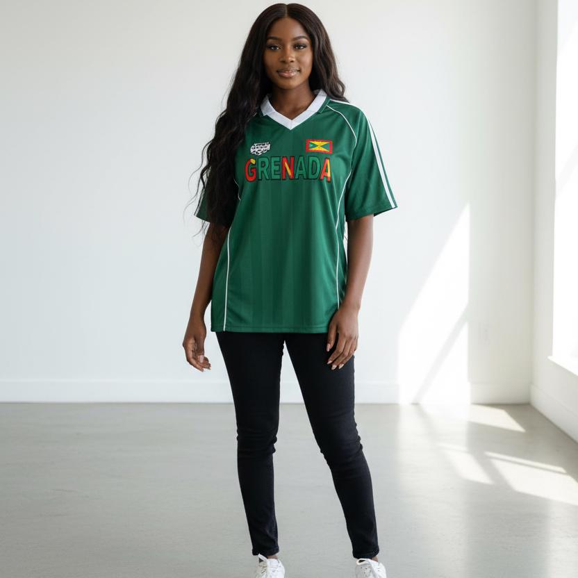 Grenada Flag Themed Graphic Stripe Collared Soccer Jersey