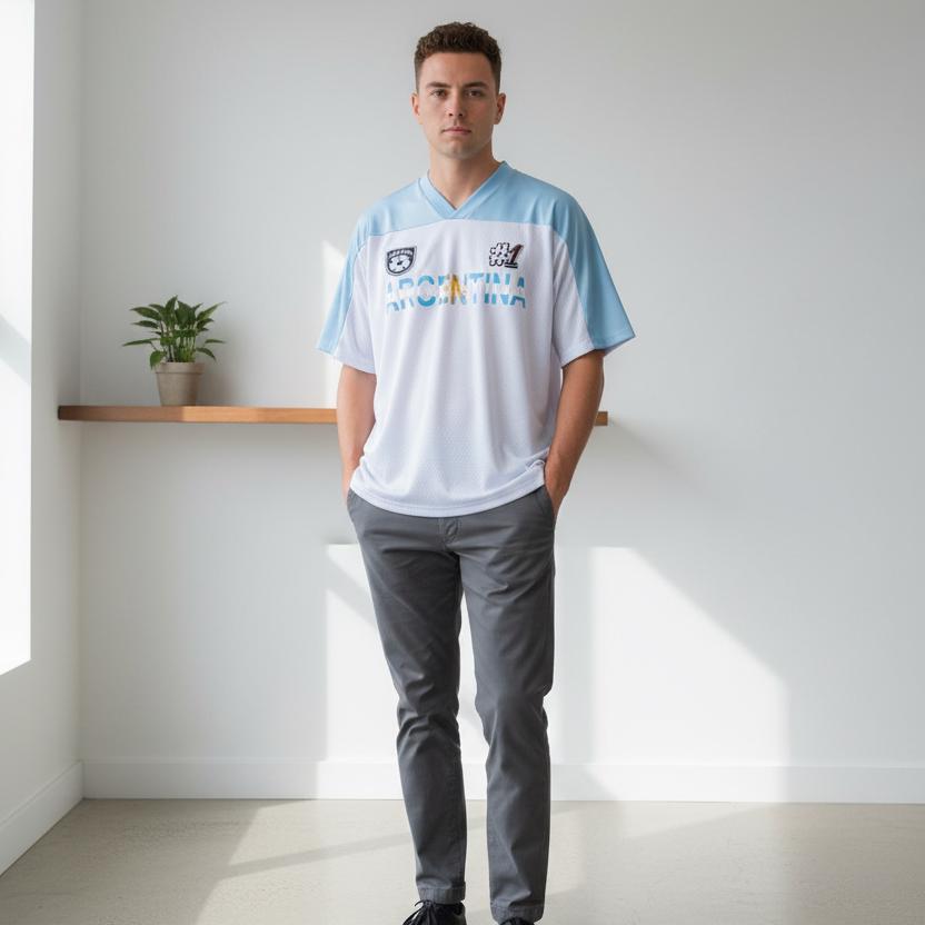 Argentina Flag Themed Graphic Mesh V-Neck Soccer Jersey