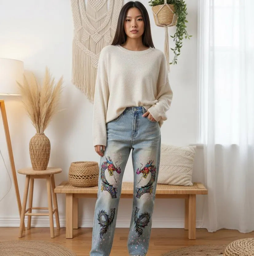 Colorful Dragon  Art Graphic Sun Fade Raw Hem Denim Jeans