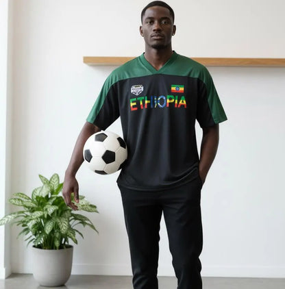 Ethiopia Flag Themed Graphic Mesh V-Neck Soccer Jersey