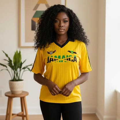 Unisex Soccer Jersey Featuring a Jamaican Flag-Inspired Design with Contrast Collar and Striped Pattern