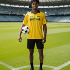 Unisex Soccer Jersey Featuring a Jamaican Flag-Inspired Design with Contrast Collar and Striped Pattern ODMPOD