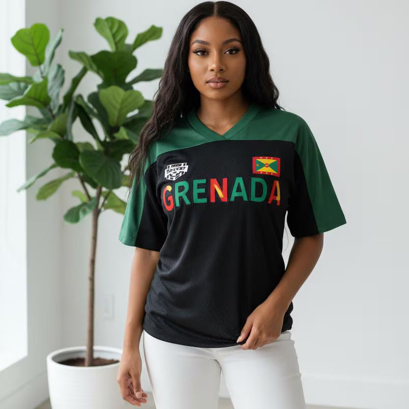 Grenada Flag Themed Graphic Mesh V-Neck Soccer Jersey
